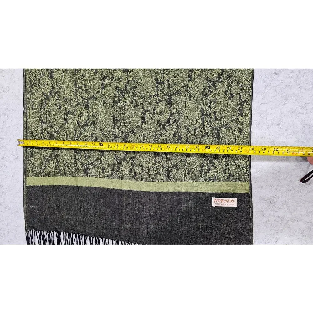 Pashmina Scarf /Wrap 70% Cashmere, 30% Silk Green Jacquard Fringe 28x72 New - Picture 4 of 6